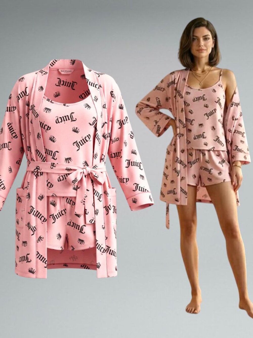 Juicy Couture Pink 3-Pc All-Over Logo Print Pajama Set - Robe / Cami / Shorts